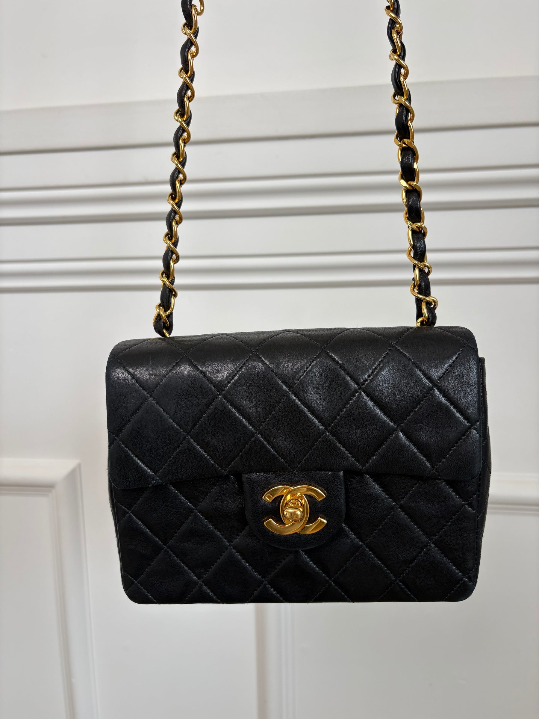 Chanel Vintage Black Lambskin Mini Square Flap Bag Gold HW