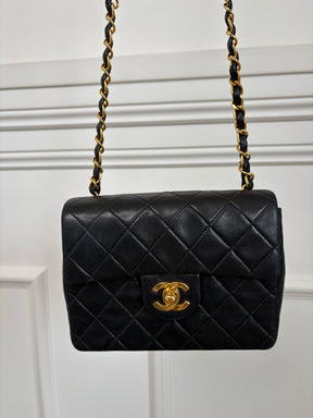 Chanel Vintage Black Lambskin Mini Square Flap Bag Gold HW