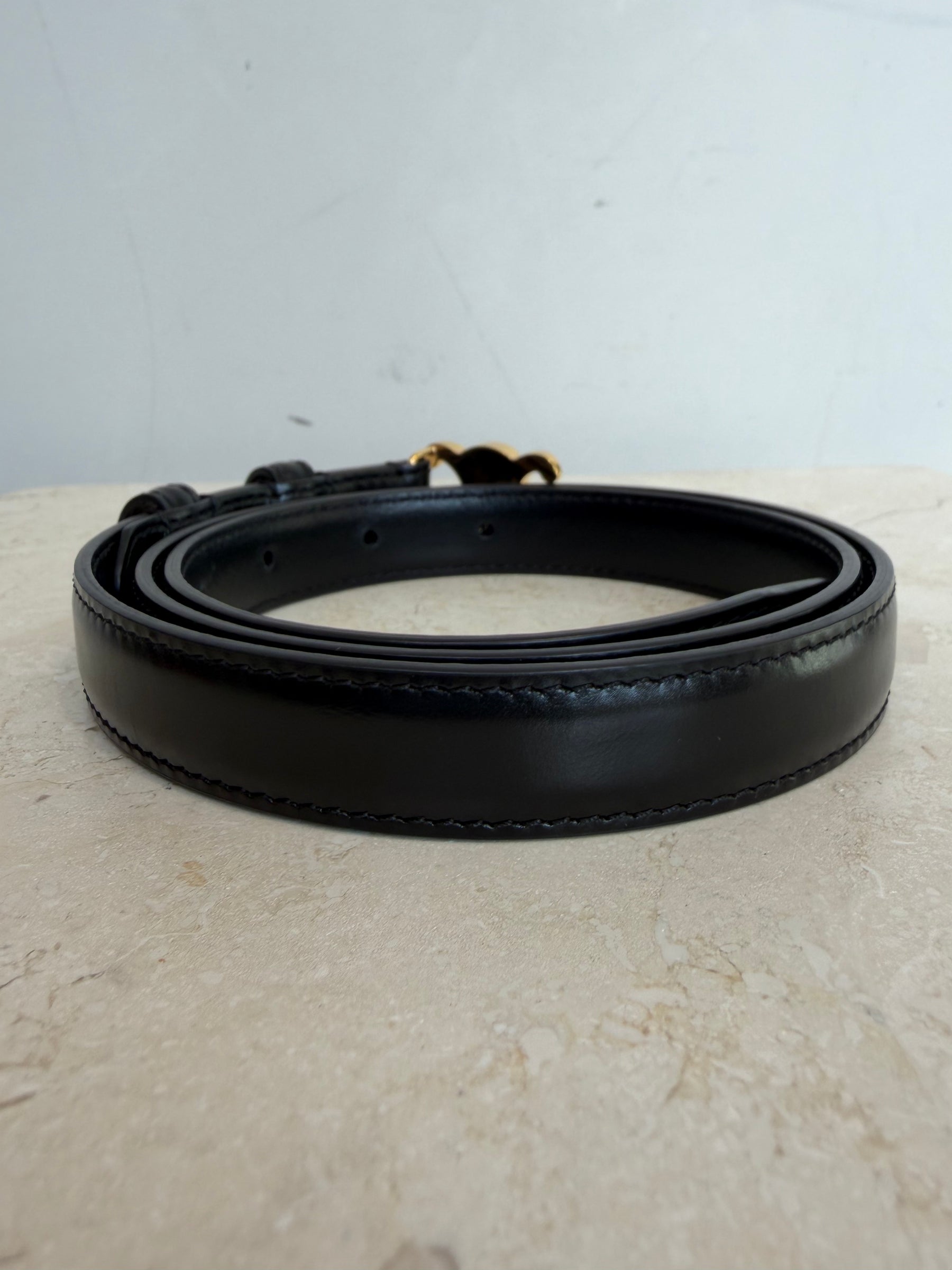Celine Black Leather Triomphe Logo belt, 75
