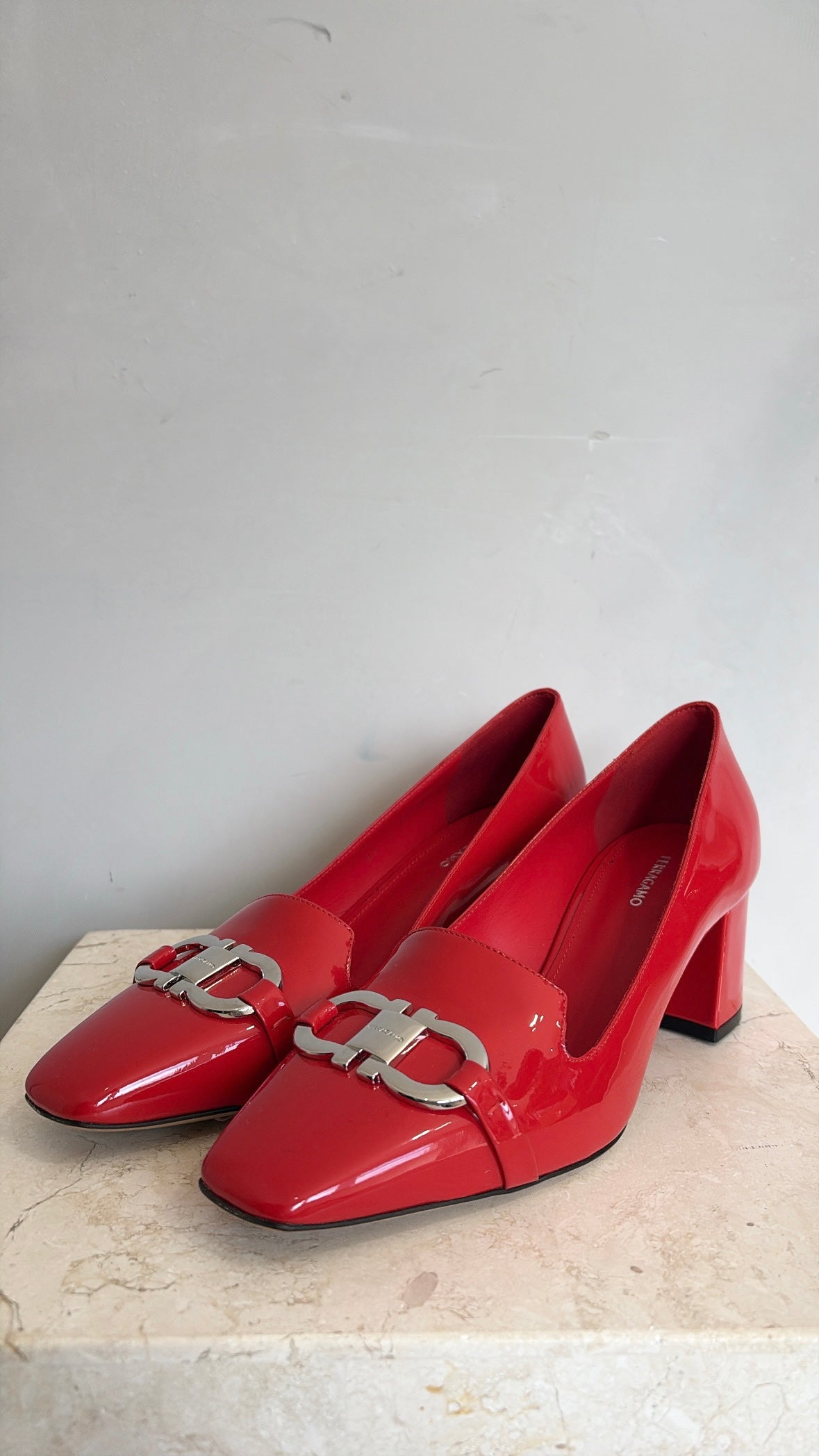 Ferragamo Flame Red Patent Block Heel Silver Hardware, 7.5D