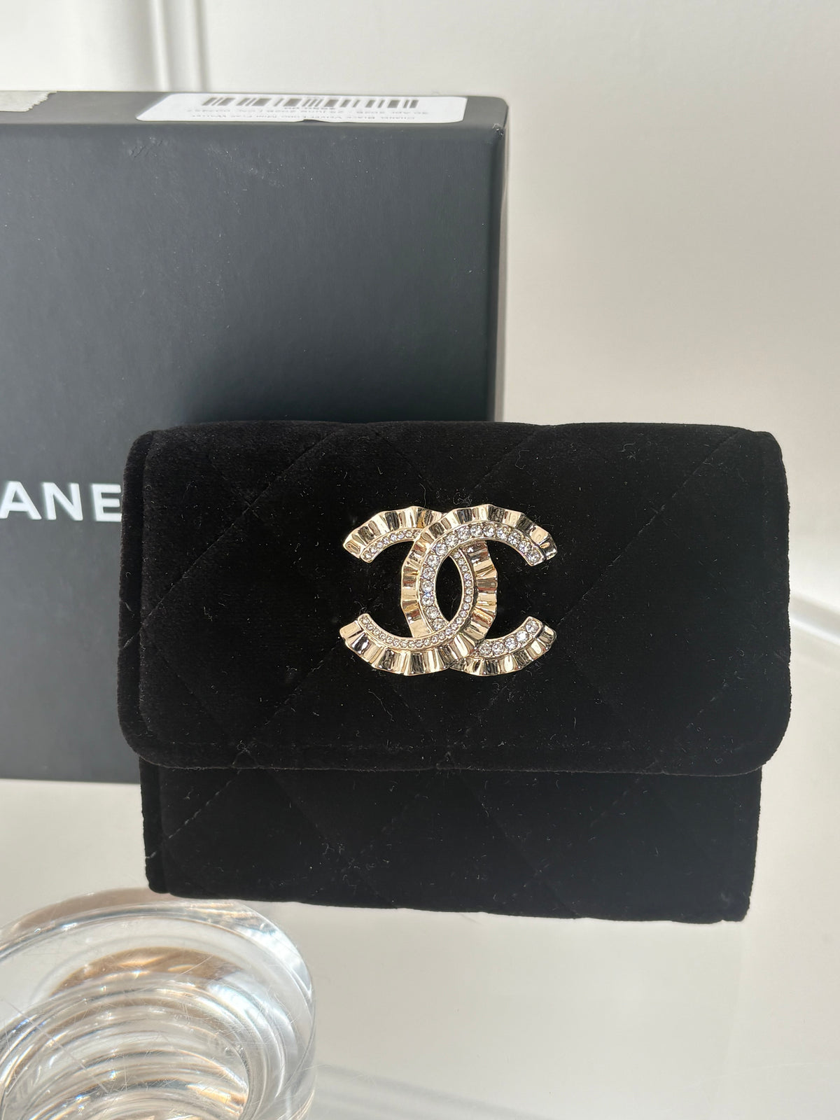 Chanel Black Velvet Logo Mini Flap Wallet