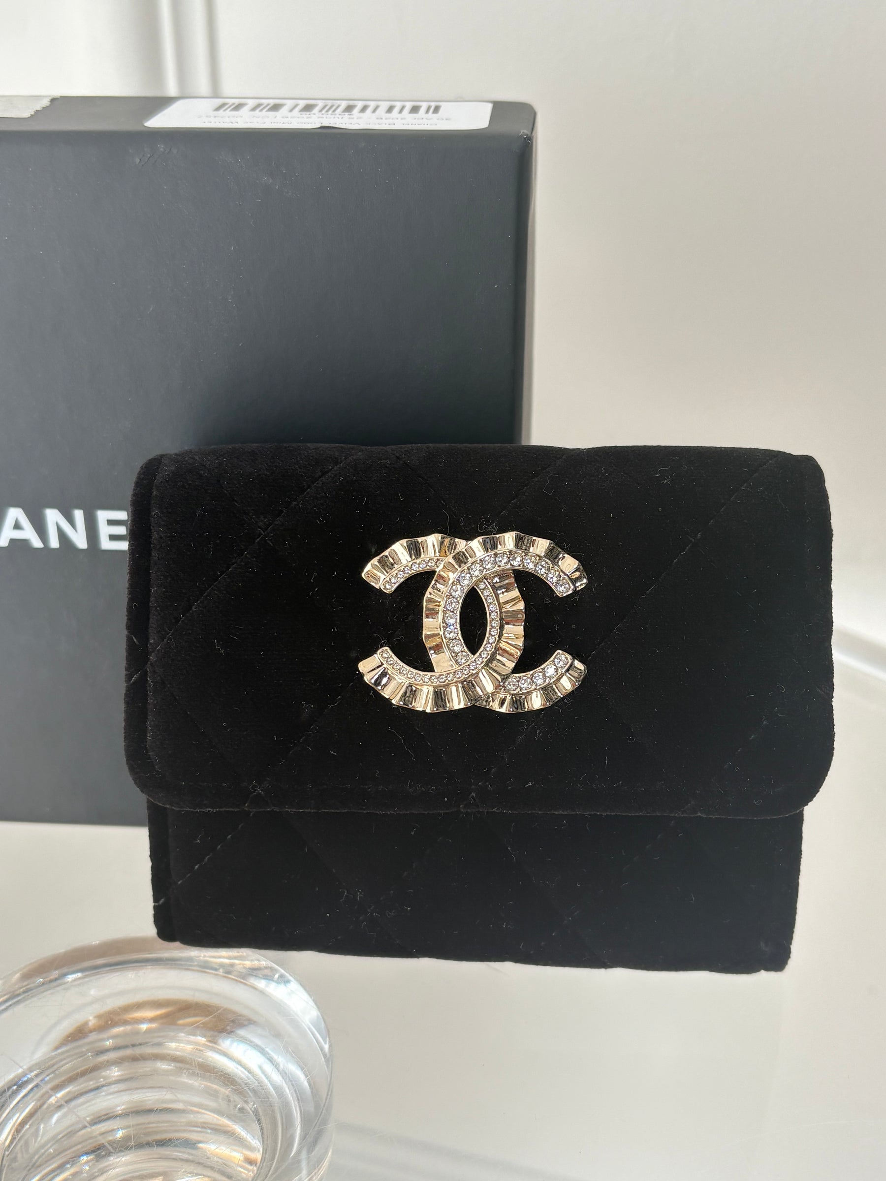 Chanel Black Velvet Logo Mini Flap Wallet