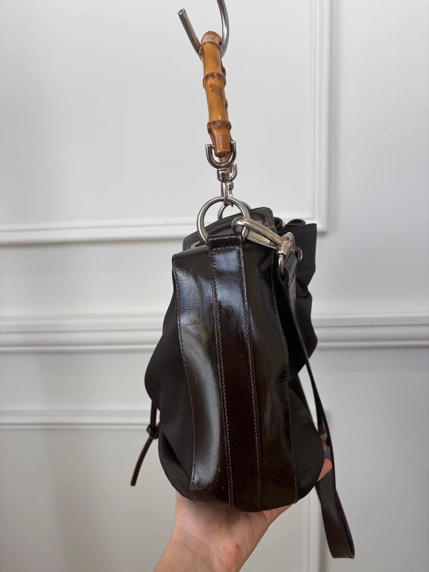 Gucci Vintage Bamboo Nylong Leather Bucket Bag, 8 AU
