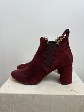 Chloé Red Suede Scollped Ankle Boot, 38.5