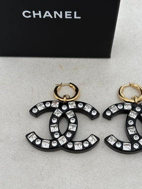 Chanel Black Crystal Embellished CC Drop Earring