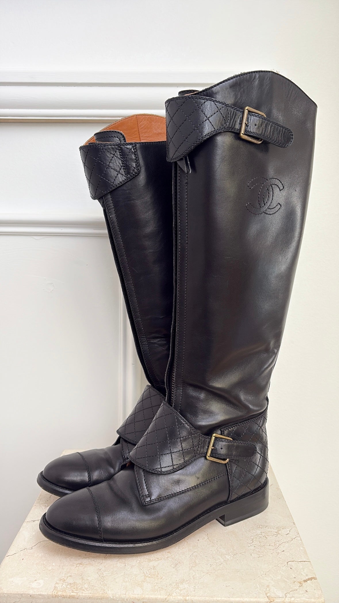 Chanel Black Leather Logo Zipped Front Riding Boots, 39