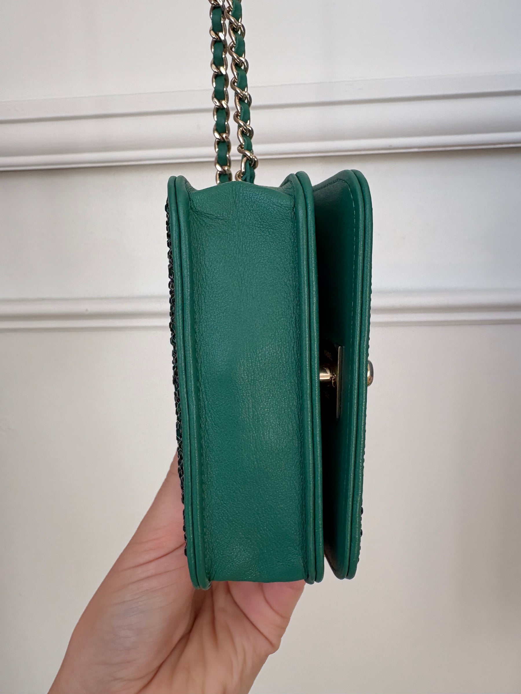 Chanel Emerald Leather and Swarovski Mini Flap Crossbody