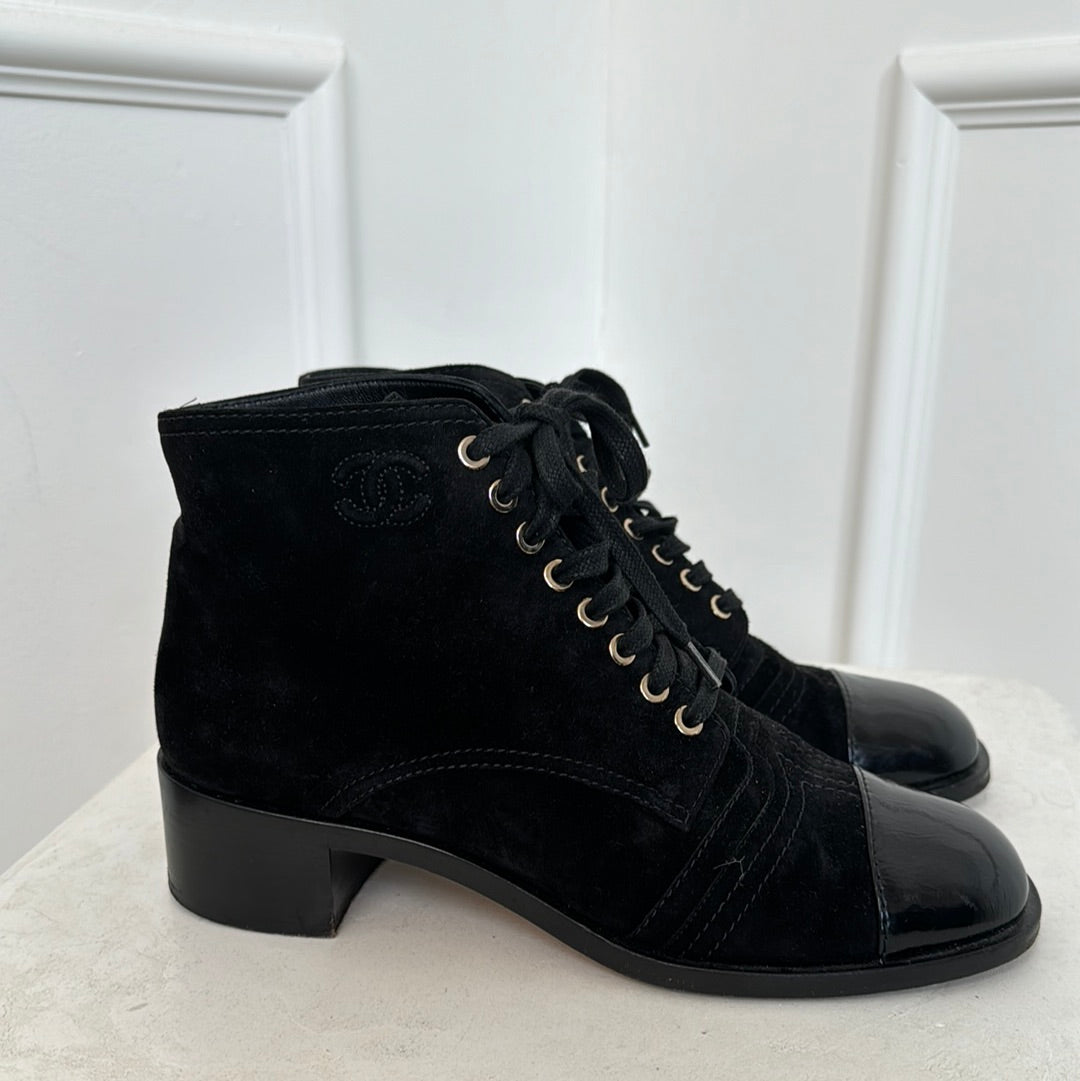 Chanel Black Suede Boots with Leather Cap Toe, 40