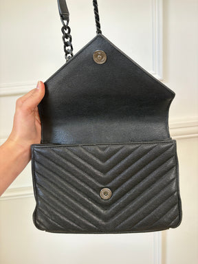 Saint Laurent Small Black Chevron Quilted College Bag Black HW