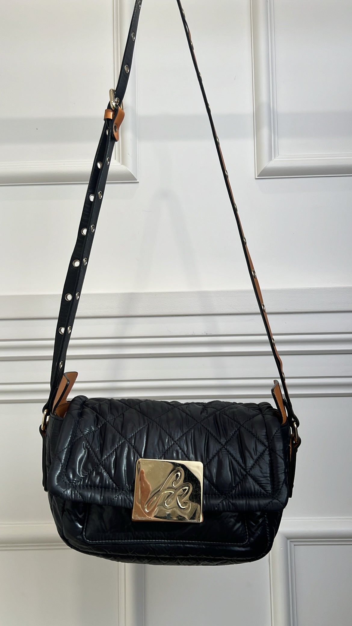 Sonia Rykiel Black Padded Tan Studded Strap Crossbody Bag