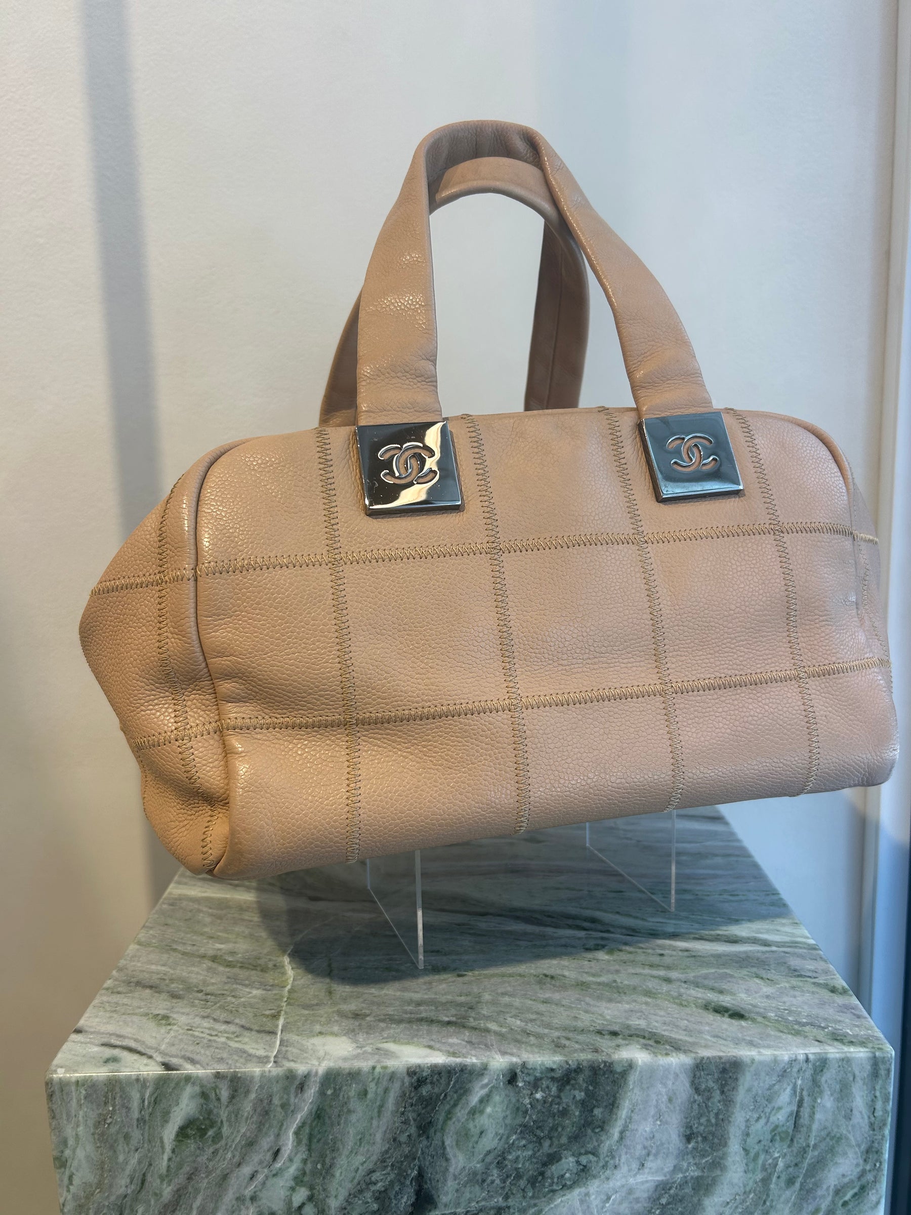 Chanel Beige Leather Logo Handle Bowling Bag