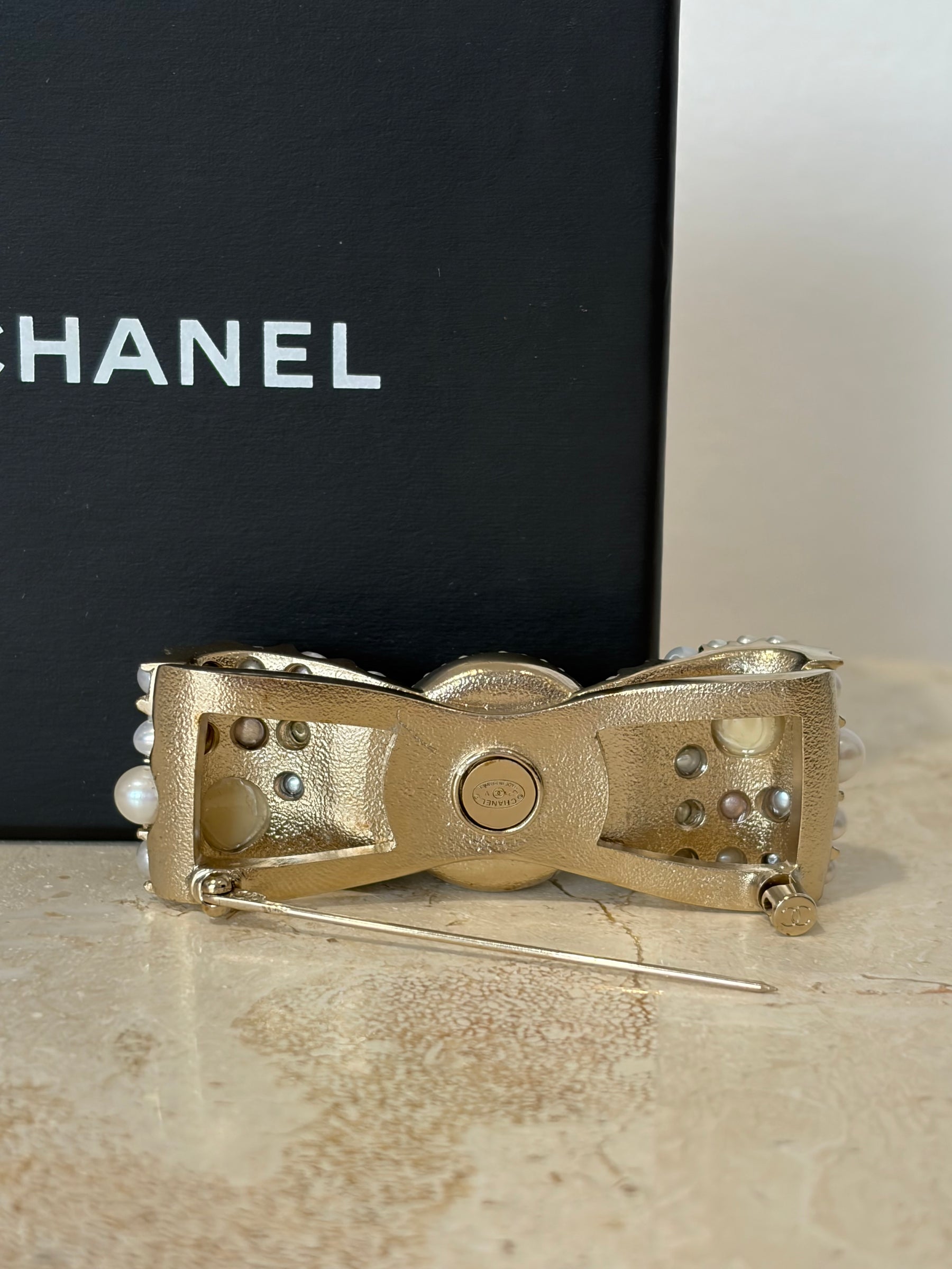 Chanel Gold Tone Pearl Encrusted Bow Brooch