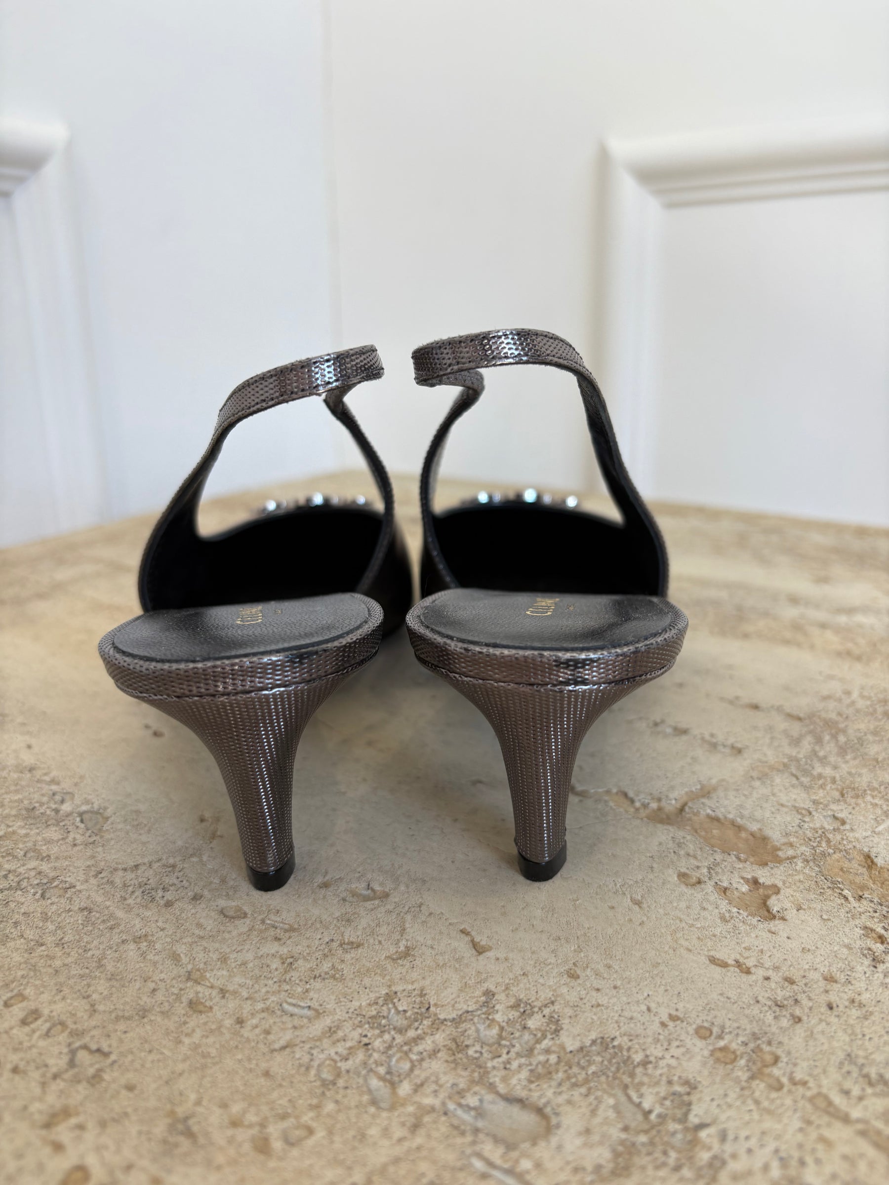 Celine Gunmetal Perforated Leather Triomphe Slingback Heel, 40.5