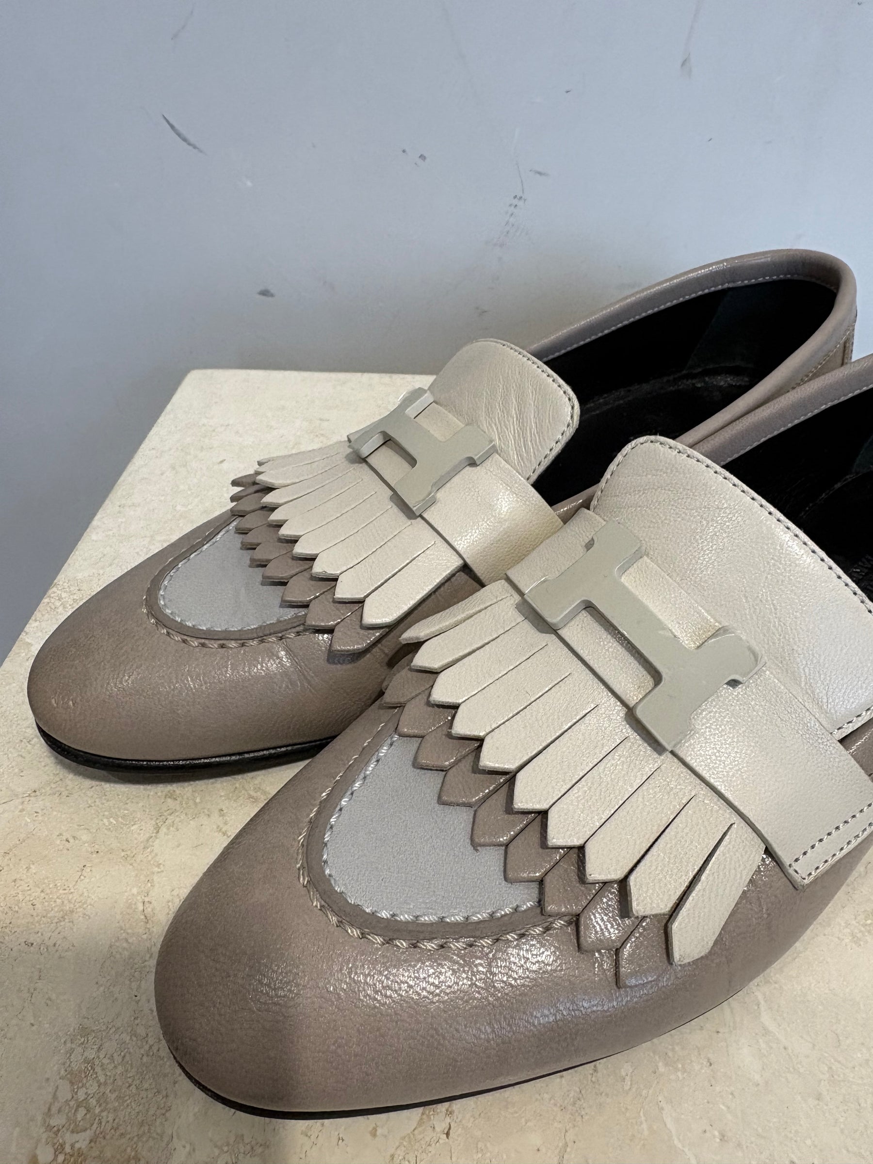 Hermès Beige Royal Loafers With Fringe Detail, 36