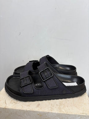 Birkenstock 1774 Black Leather and Navy Raffia Slides, 41