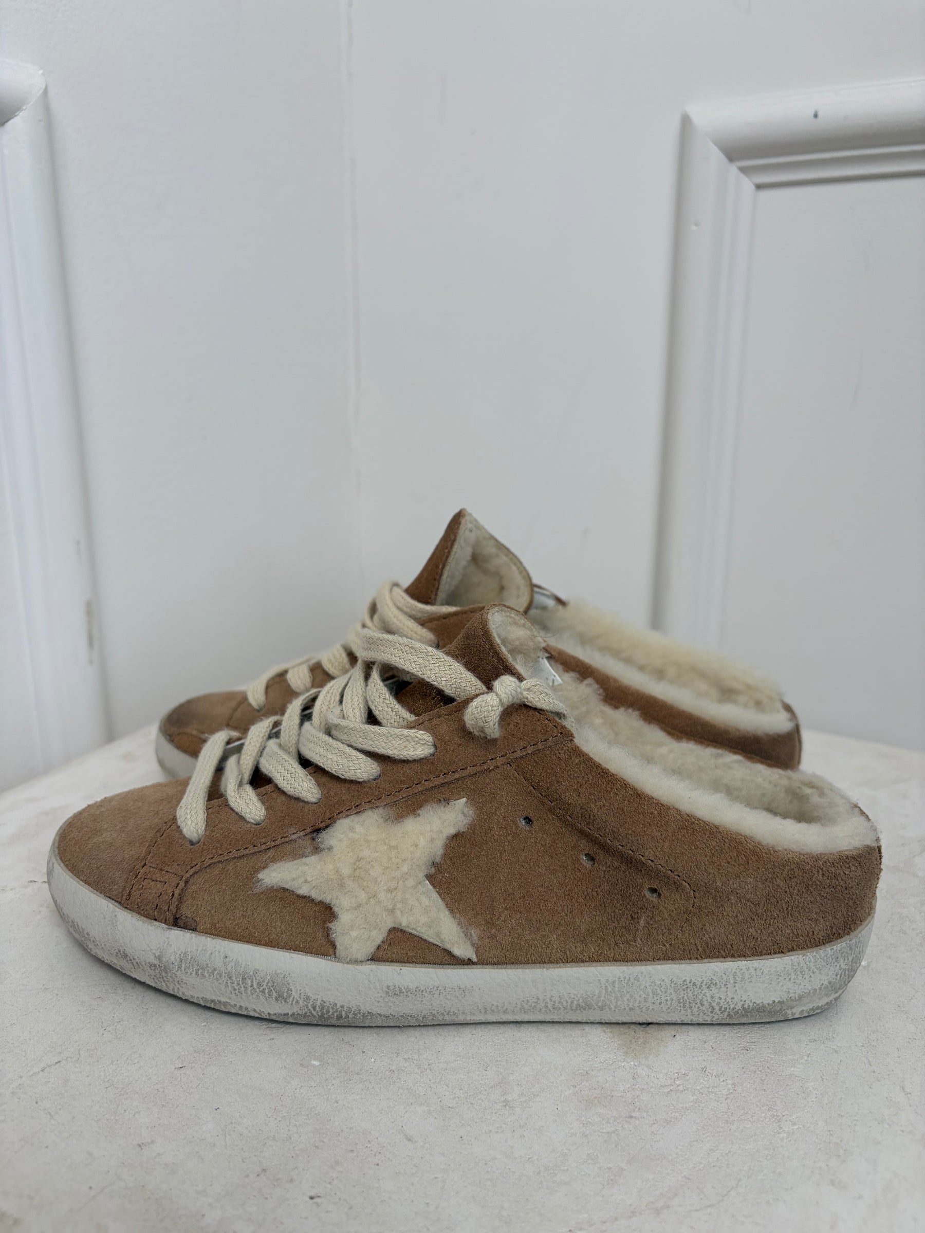 Golden Goose Tan Suede and Shearling Backless Superstar Sneaker, 35