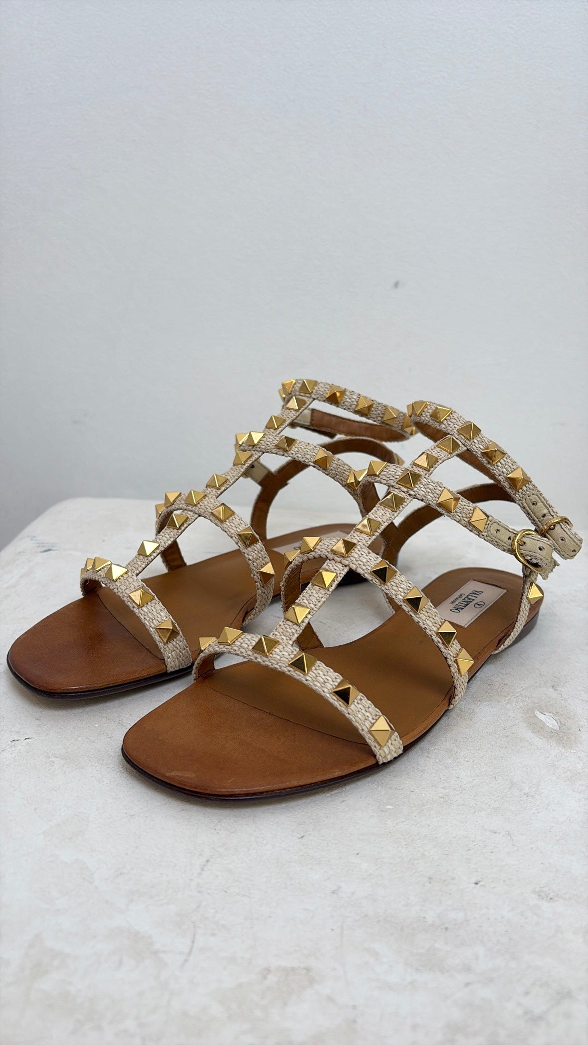 Valentino Garavani Natural Raffia Rockstud Caged Sandals, 36