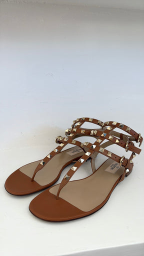 Valentino Garavani Tan Leather Rockstud Caged Sandal, 36.5