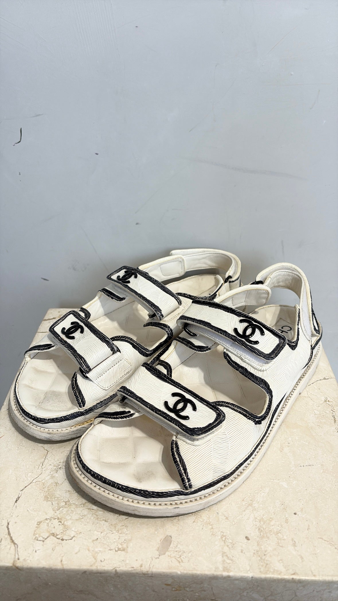 Chanel White Leather Sketch Dad Sandals, 39.5C