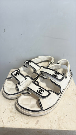 Chanel White Leather Sketch Dad Sandals, 39.5C