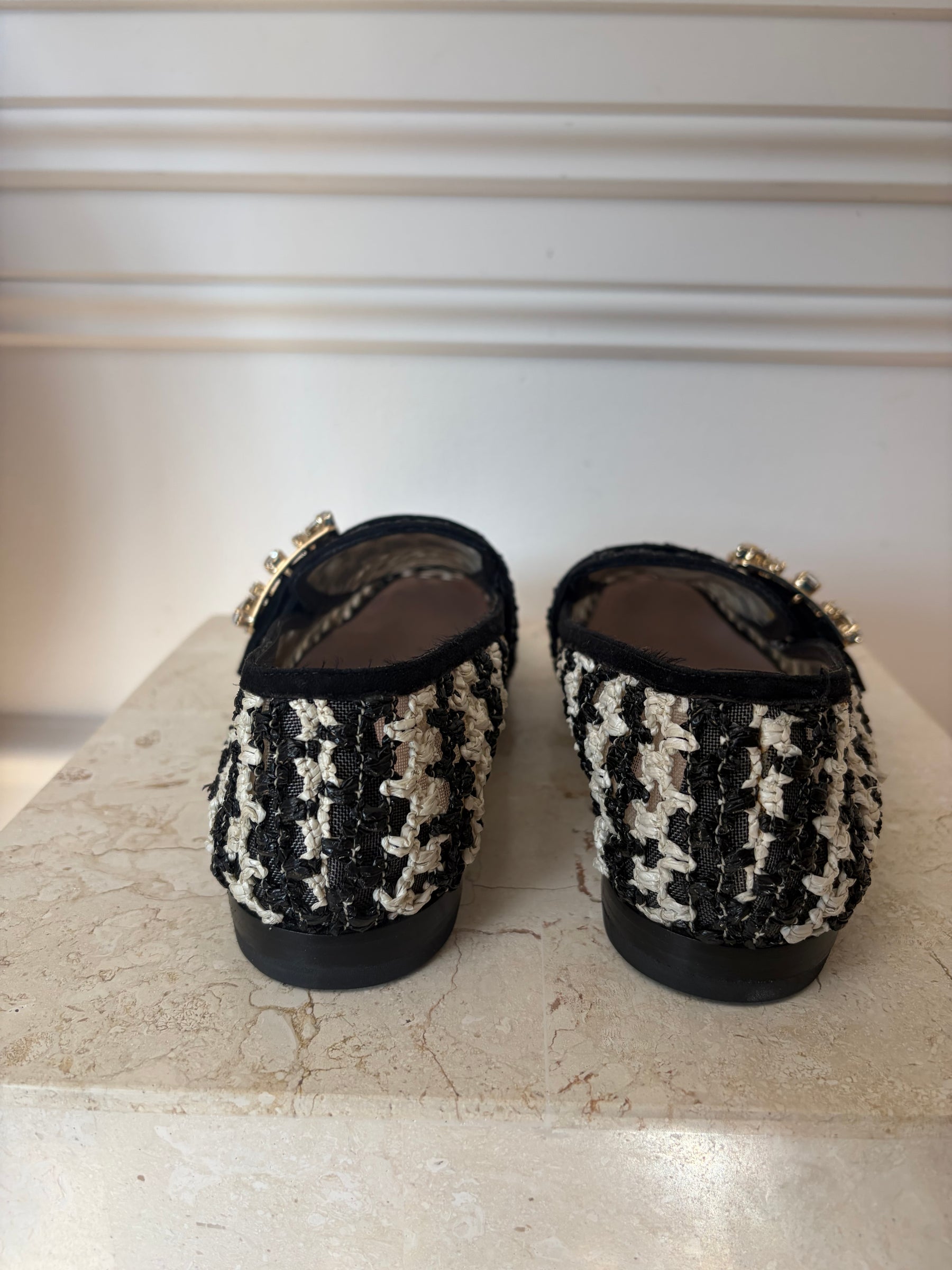 Roger Vivier Cream and Black Crochet Crystal Buckle Loafer, 37
