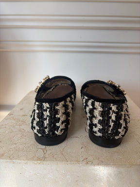 Roger Vivier Cream and Black Crochet Crystal Buckle Loafer, 37