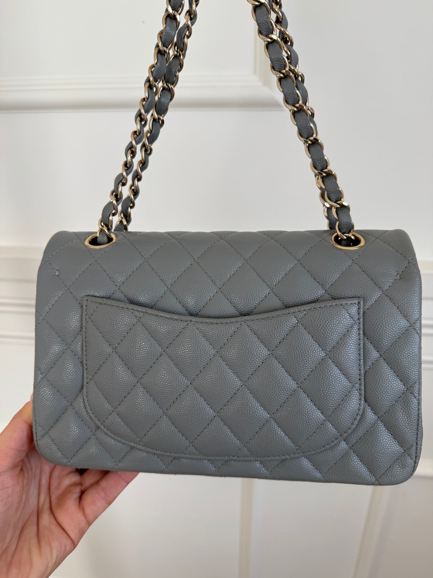 Chanel Small Grey Caviar Leather Flap Bag With Gold Tone Hardware
