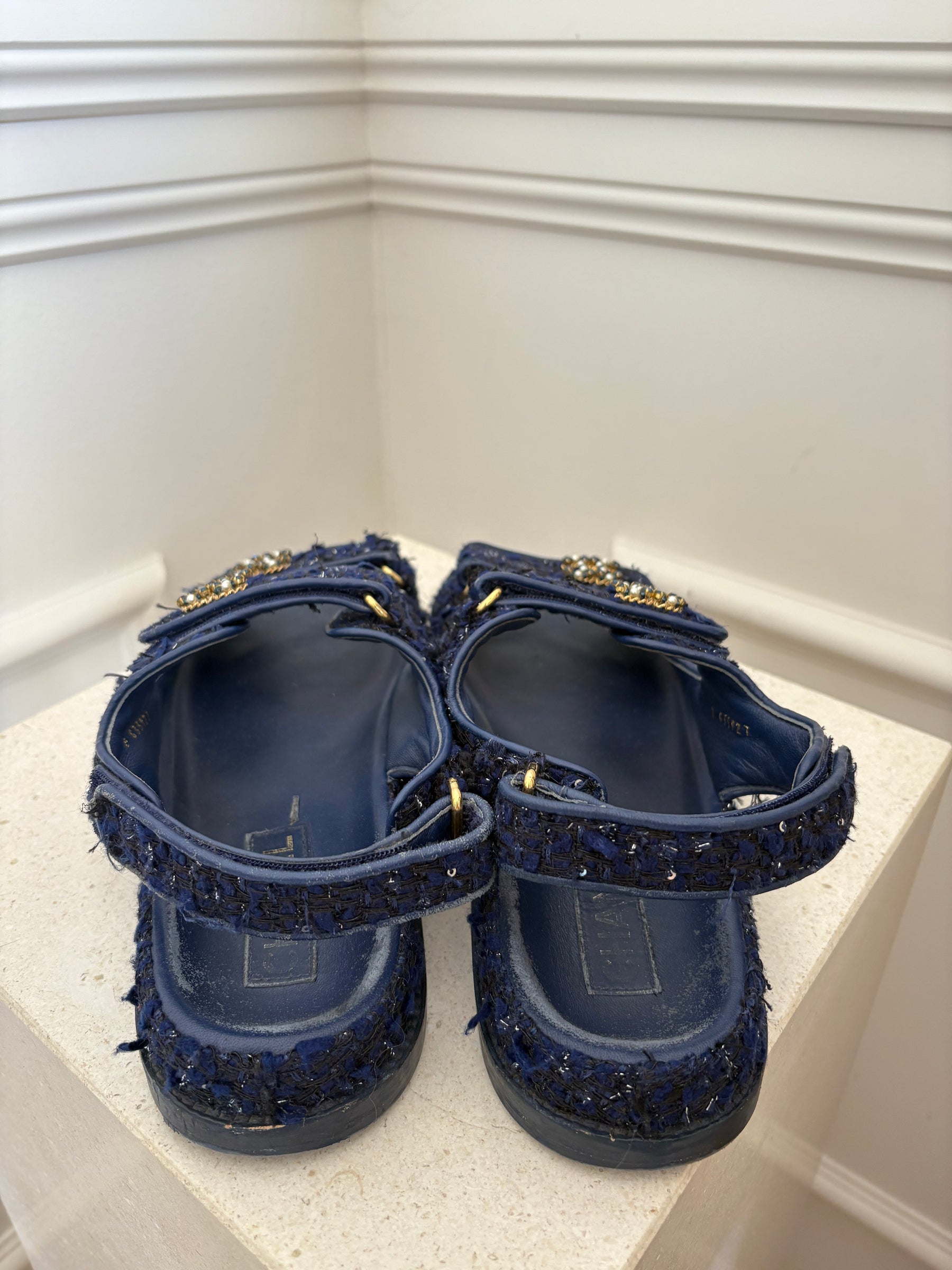 chanel Dark Blue Black Tweed Dad Sandals With Peal Details, 39.5