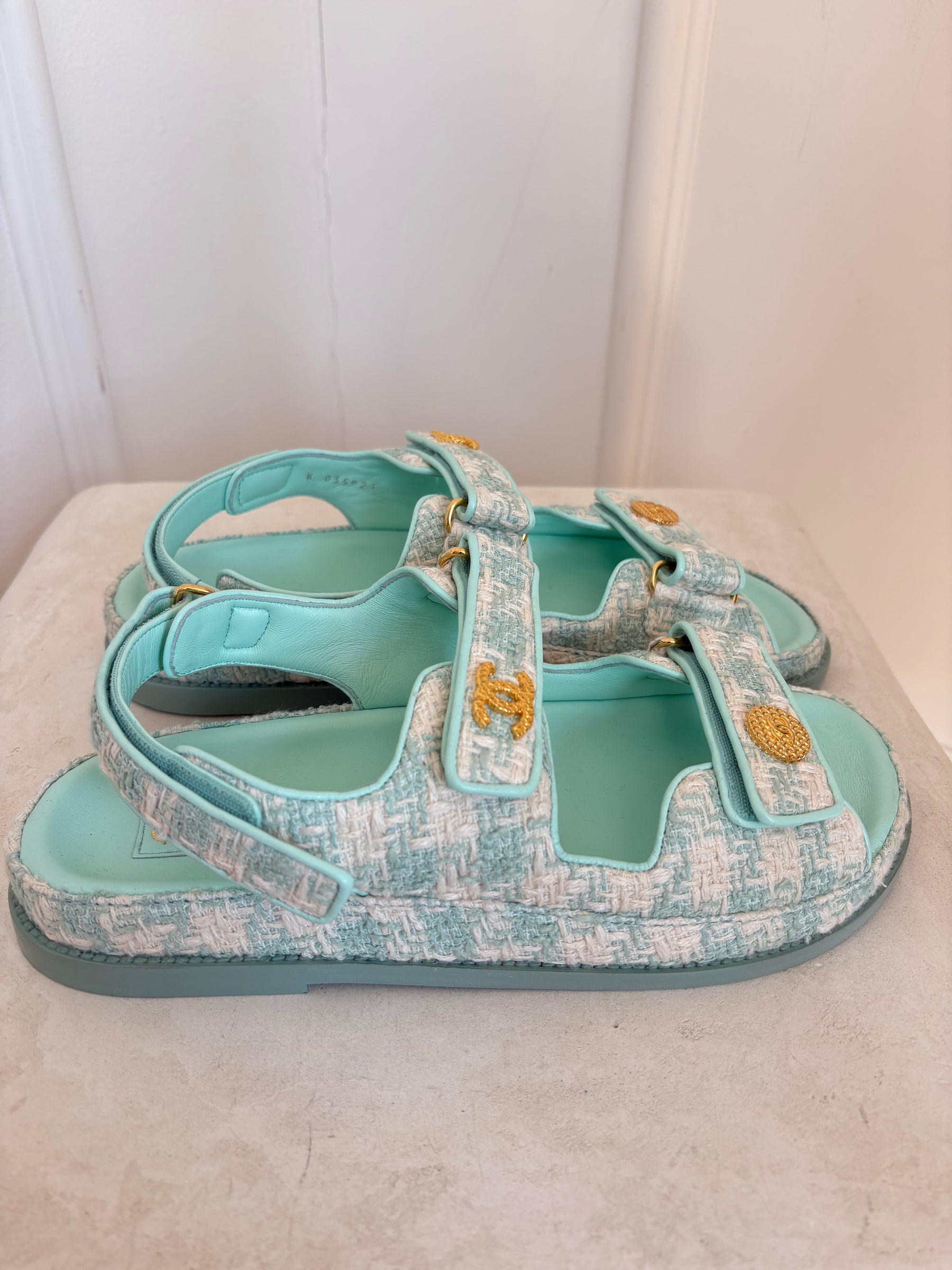Chanel Light Blue and Ecru Tweed Dad Sandals, 39.5