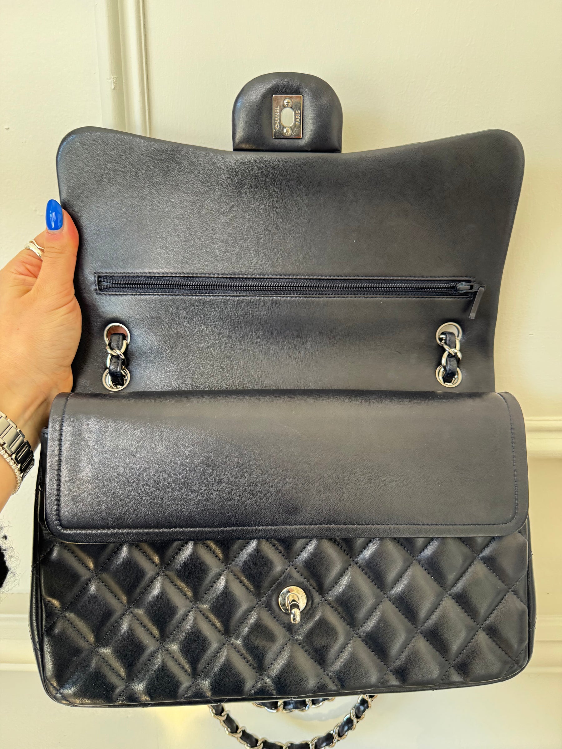 Chanel Navy Lambskin Leather Jumbo Double Flap with Silver Hardware