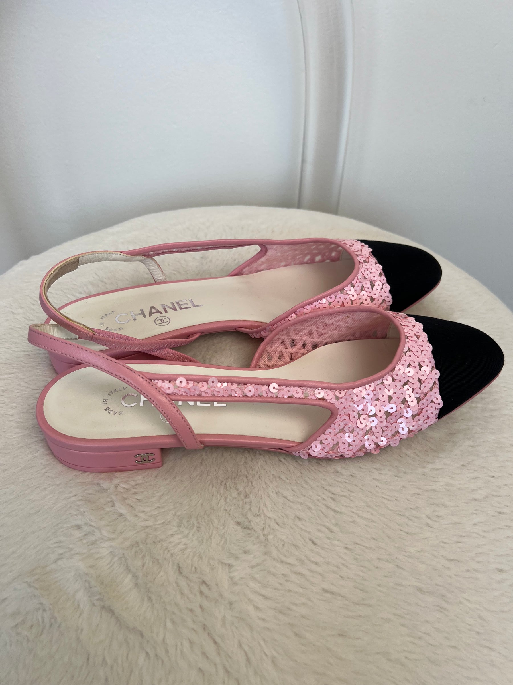 Chanel Pink Sequin Slingback Flats, 40C