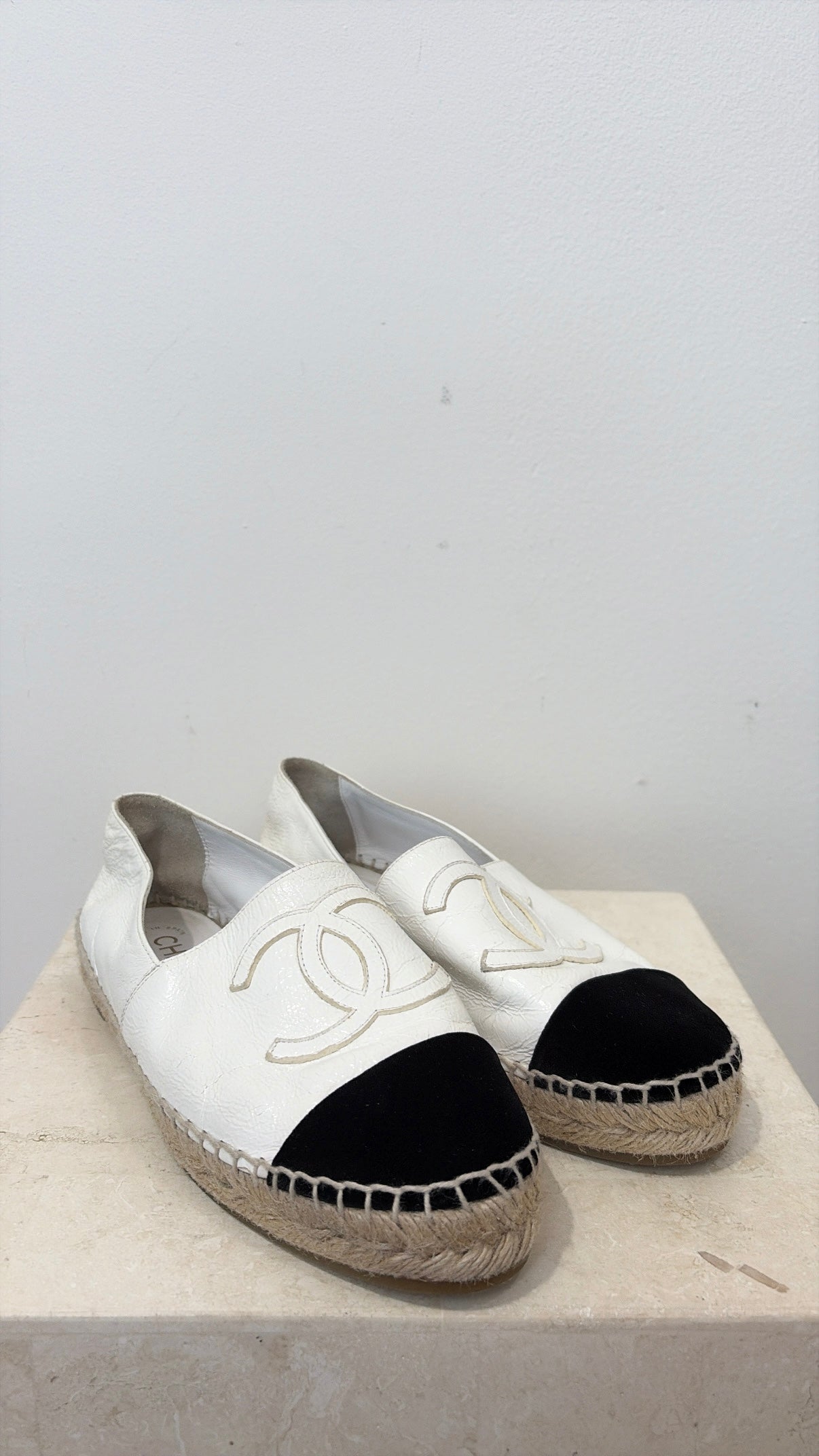 Chanel White Crackled Patent and Black Velvet Espadrilles, 38