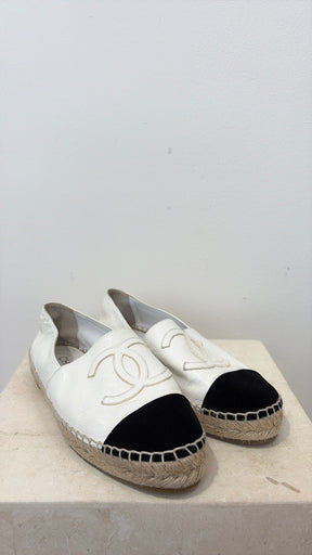 Chanel White Crackled Patent and Black Velvet Espadrilles, 38