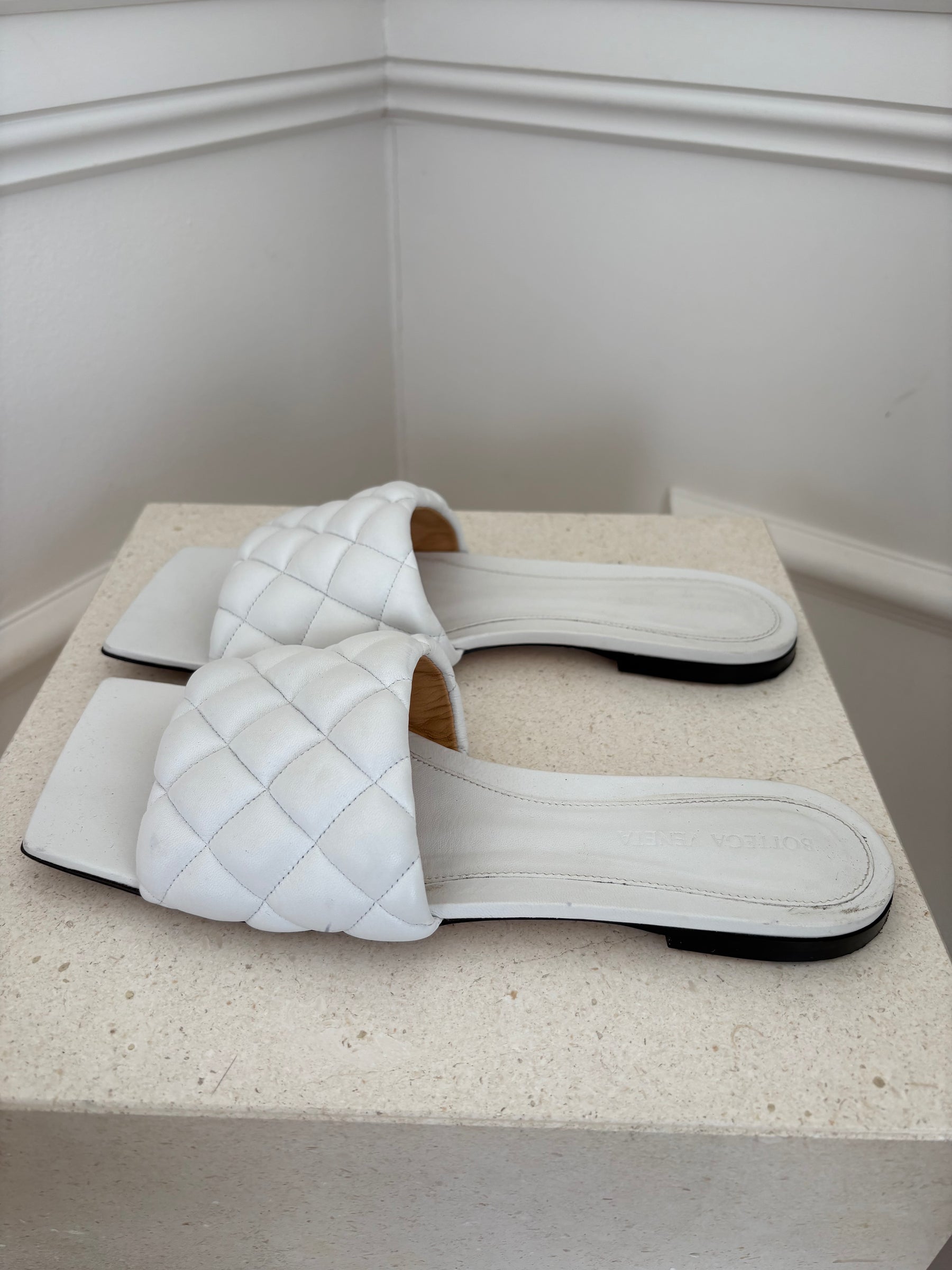 Bottega Veneta White Padded Lido Leather Slides, 39