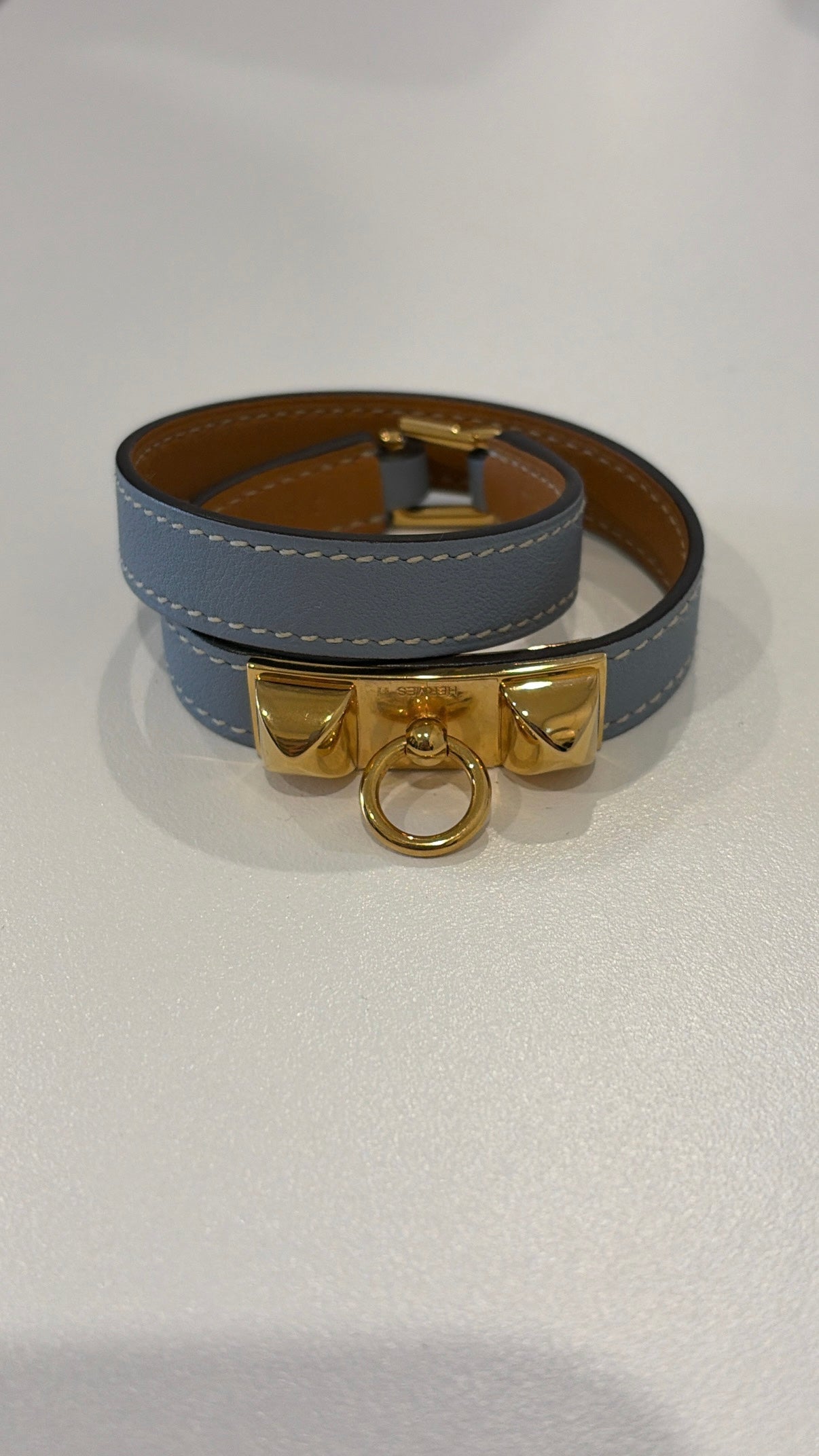 Hermès Blue Leather Rivale Wrap Bracelet, XS