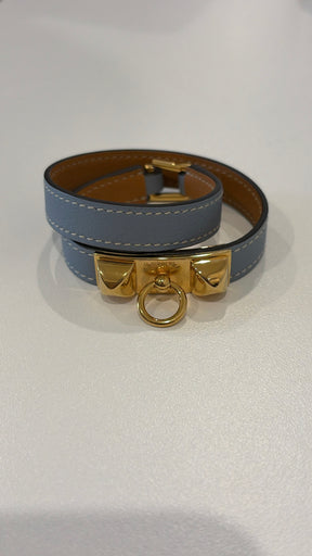 Hermès Blue Leather Rivale Wrap Bracelet, XS