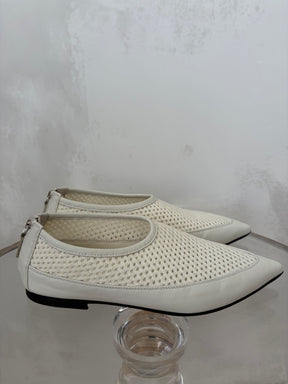 bassike Off White Pointed Toe Mesh Leather Flats, 37