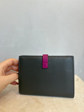Celine Grey Grained Leather Flap Wallet with Magenta Interior