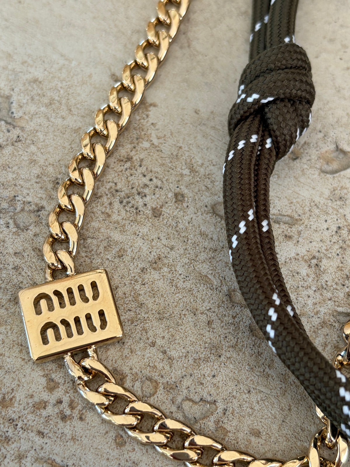 Miu Miu Khaki and Tan Leather, cord and metal trick keyring