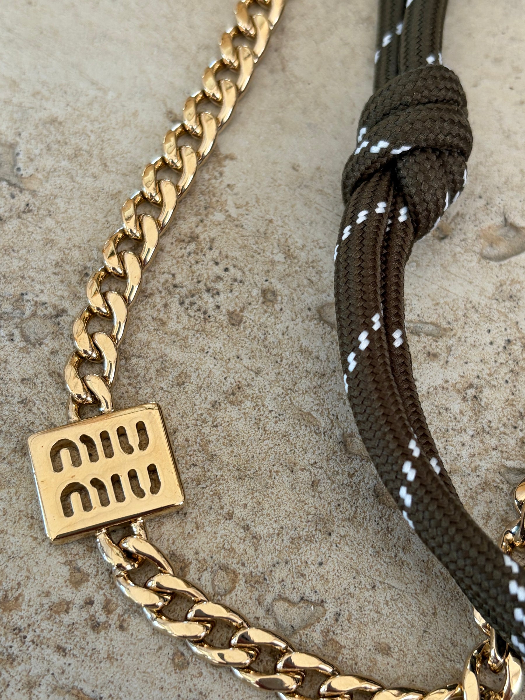 Miu Miu Khaki and Tan Leather, cord and metal trick keyring