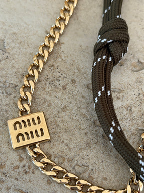 Miu Miu Khaki and Tan Leather, cord and metal trick keyring