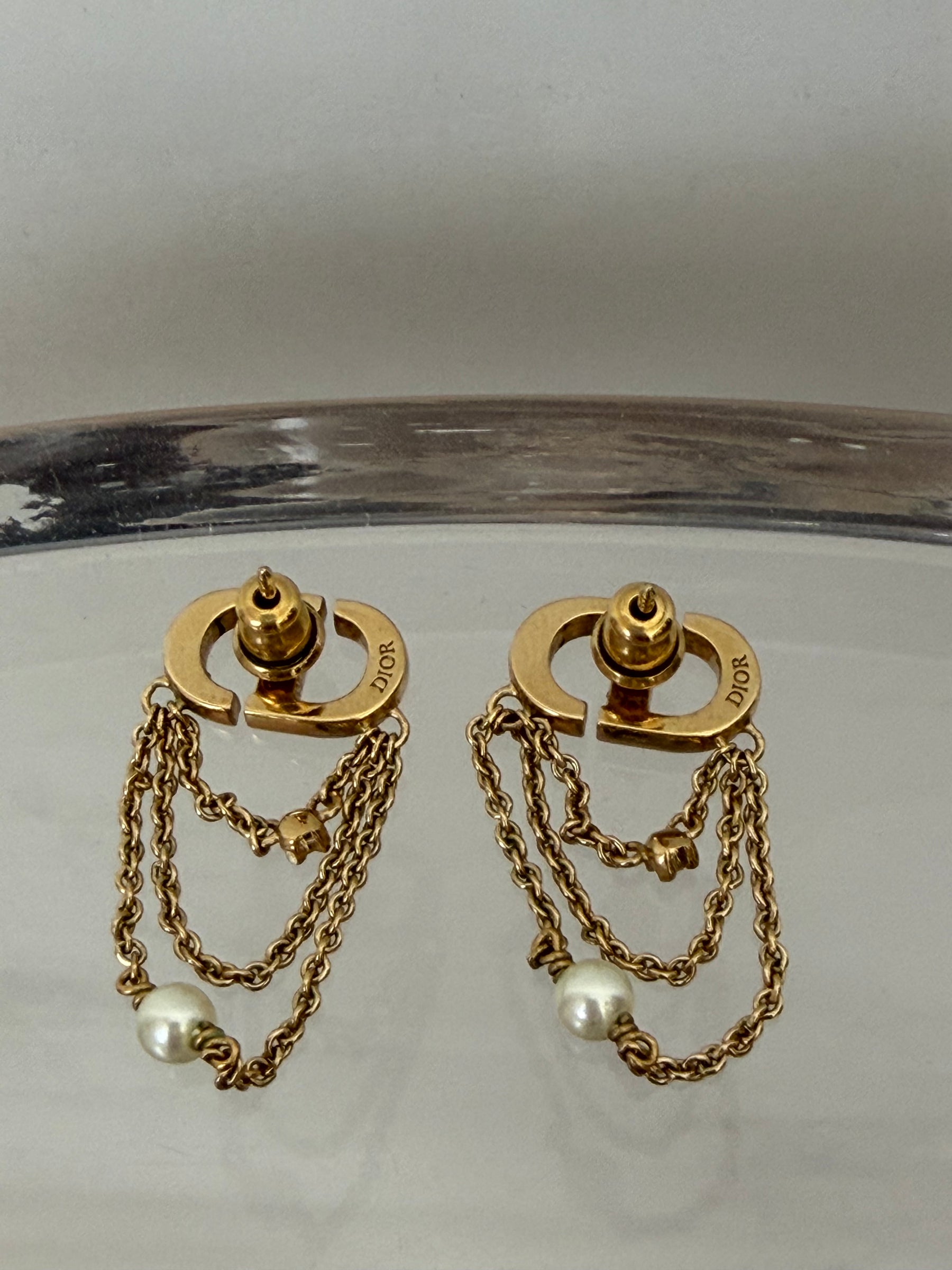 Dior Gold Tone Chain Logo Earrings
