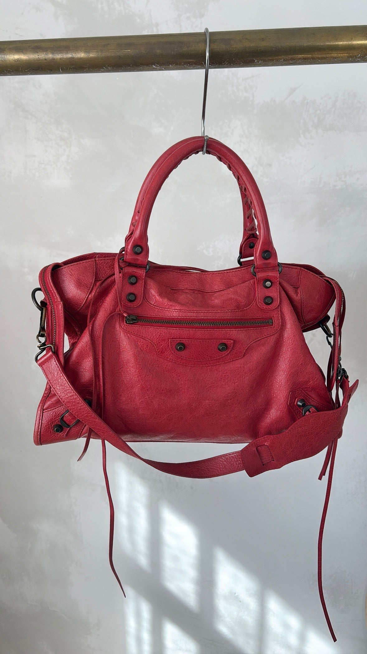 Balenciaga Cherry Red Leather Motorcycle City Bag