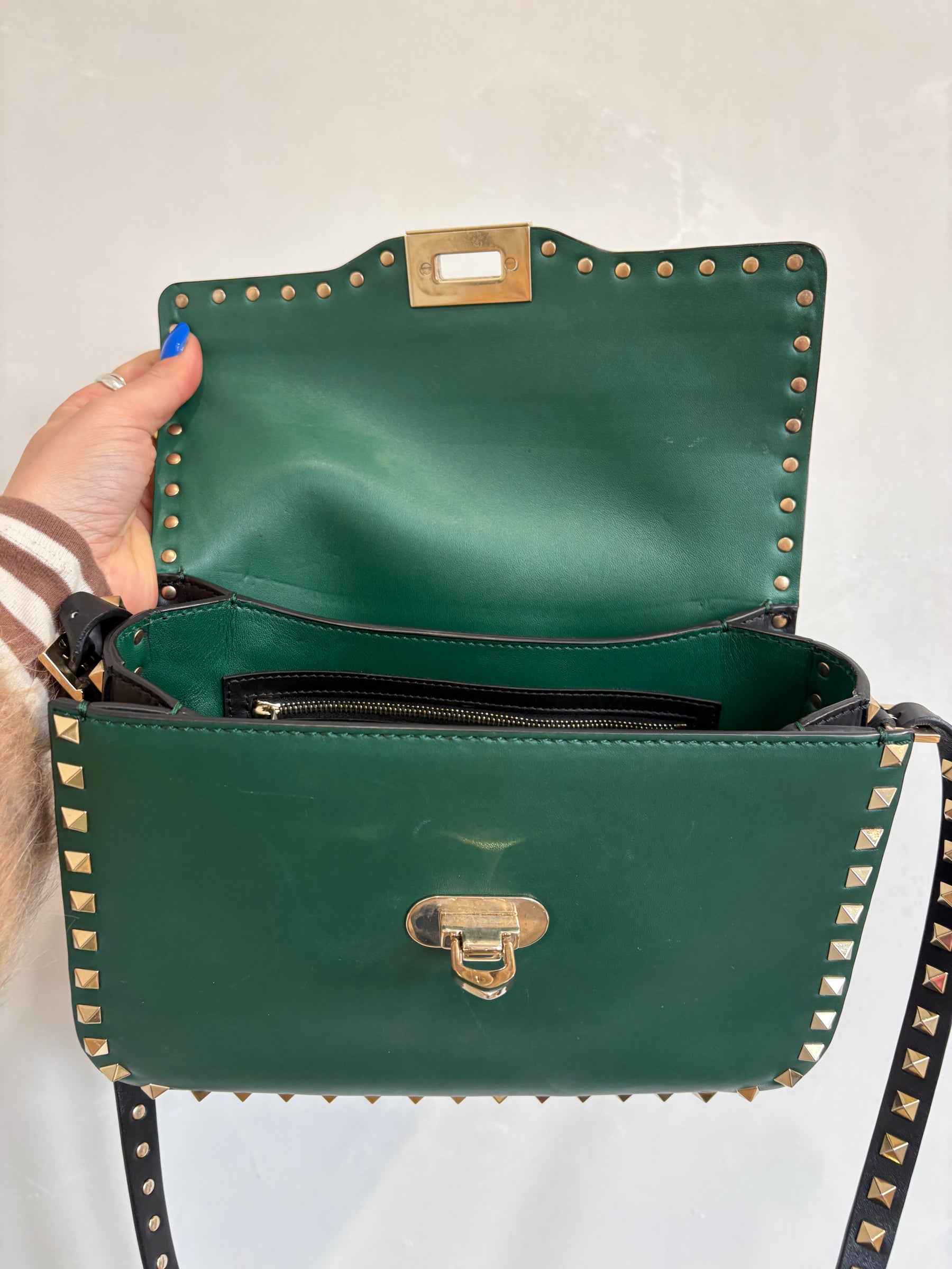 Valentino Rockstud Glam Lock Shoulder Bag In Green Black Trim