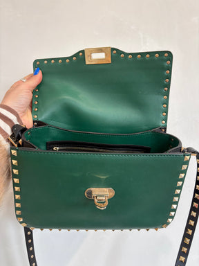 Valentino Rockstud Glam Lock Shoulder Bag In Green Black Trim