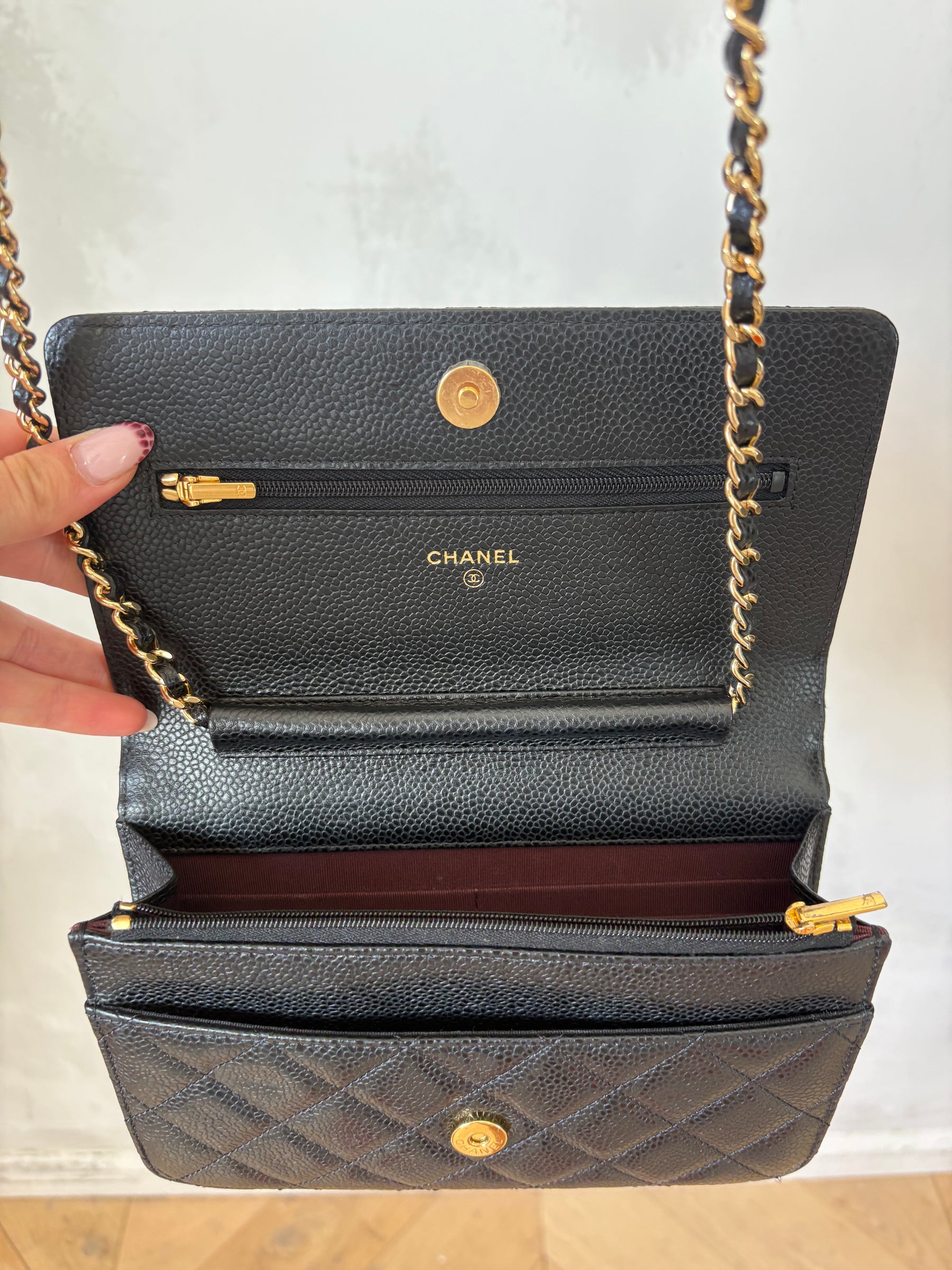 Chanel Black Caviar Wallet On Chain Gold Hardware