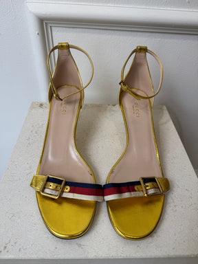 Gucci Gold Blue Red and White Strappy Bamboo Heel, 38.5