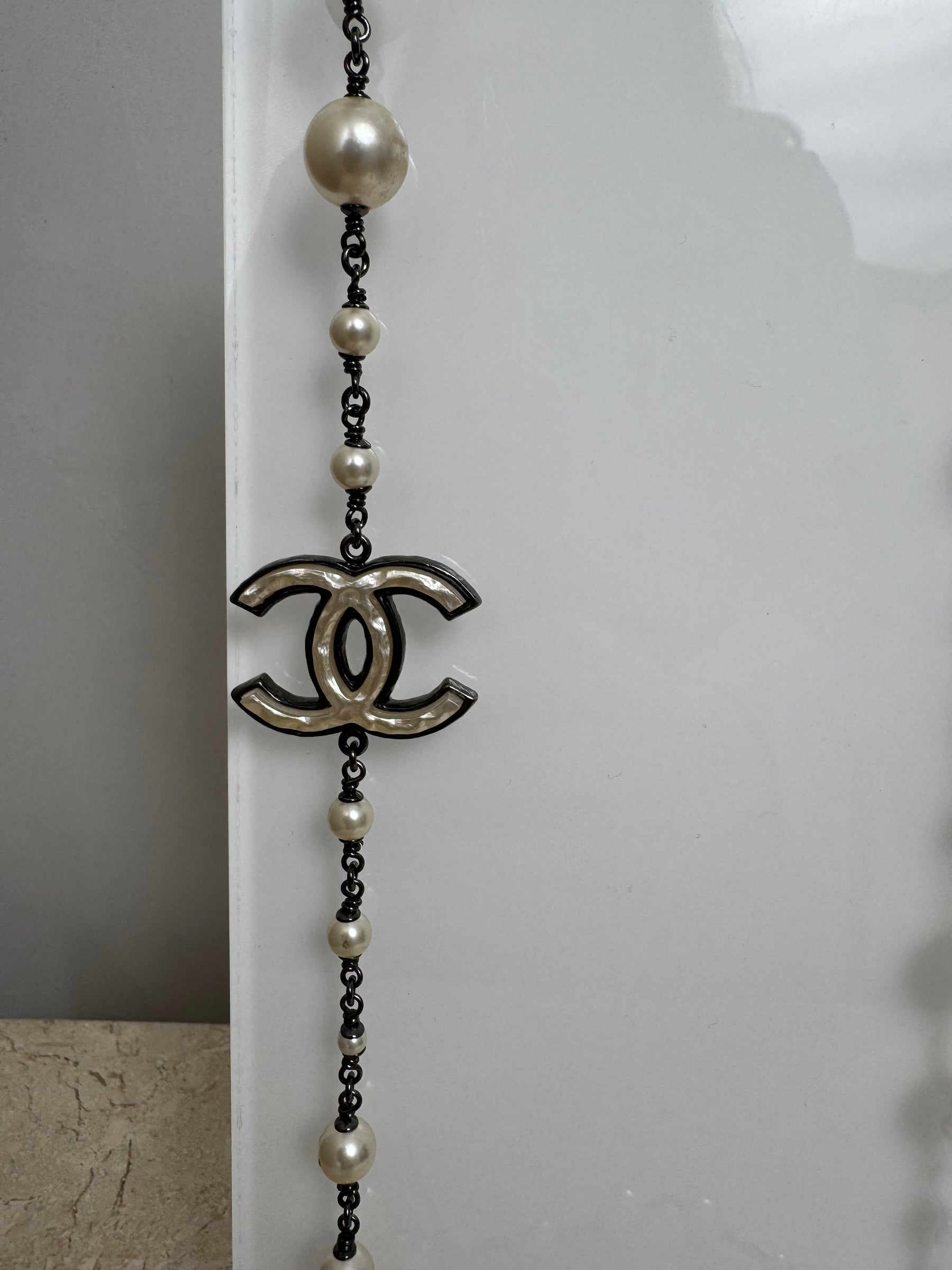 Chanel Pearl and Ruthenium Logo Necklace