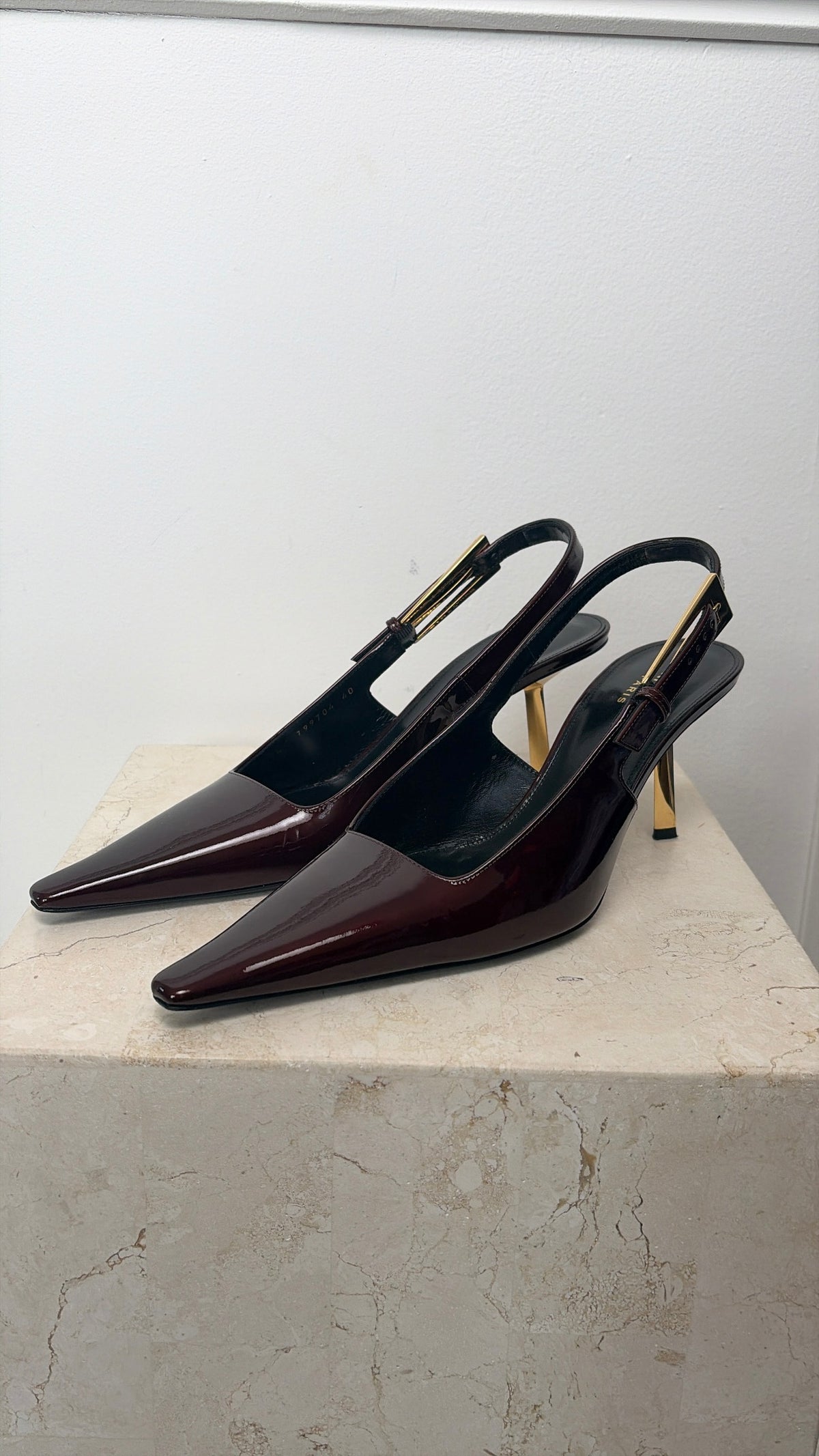 Saint Laurent Deep Burgundy Patent Slingback Pumps, 40