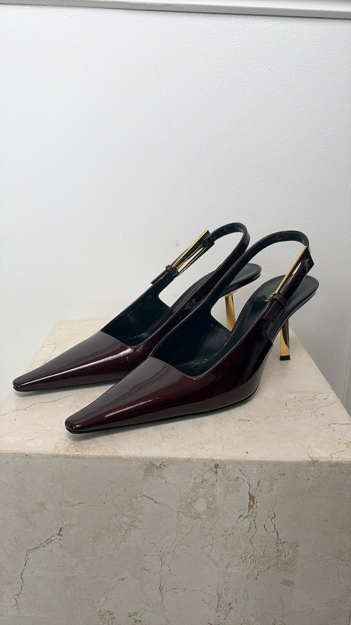 Saint Laurent Deep Burgundy Patent Slingback Pumps, 40